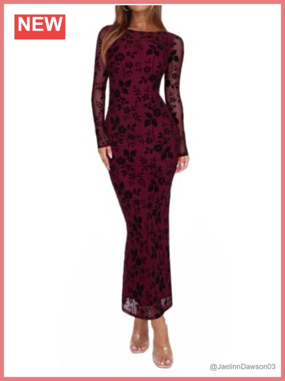 Women's Mesh Sheer Long Sleeve Floral Bodycon Maxi Dress Wedding Guest